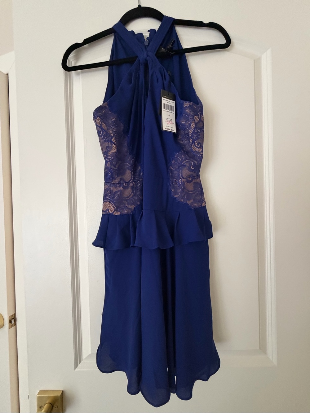 BCBGMaxAzria cobalt blue lace halter peplum dress